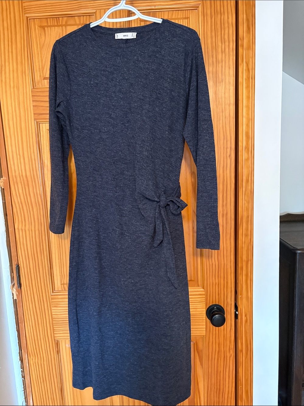 Mango Navy Long-Sleeve Tie-Waist Midi Dress